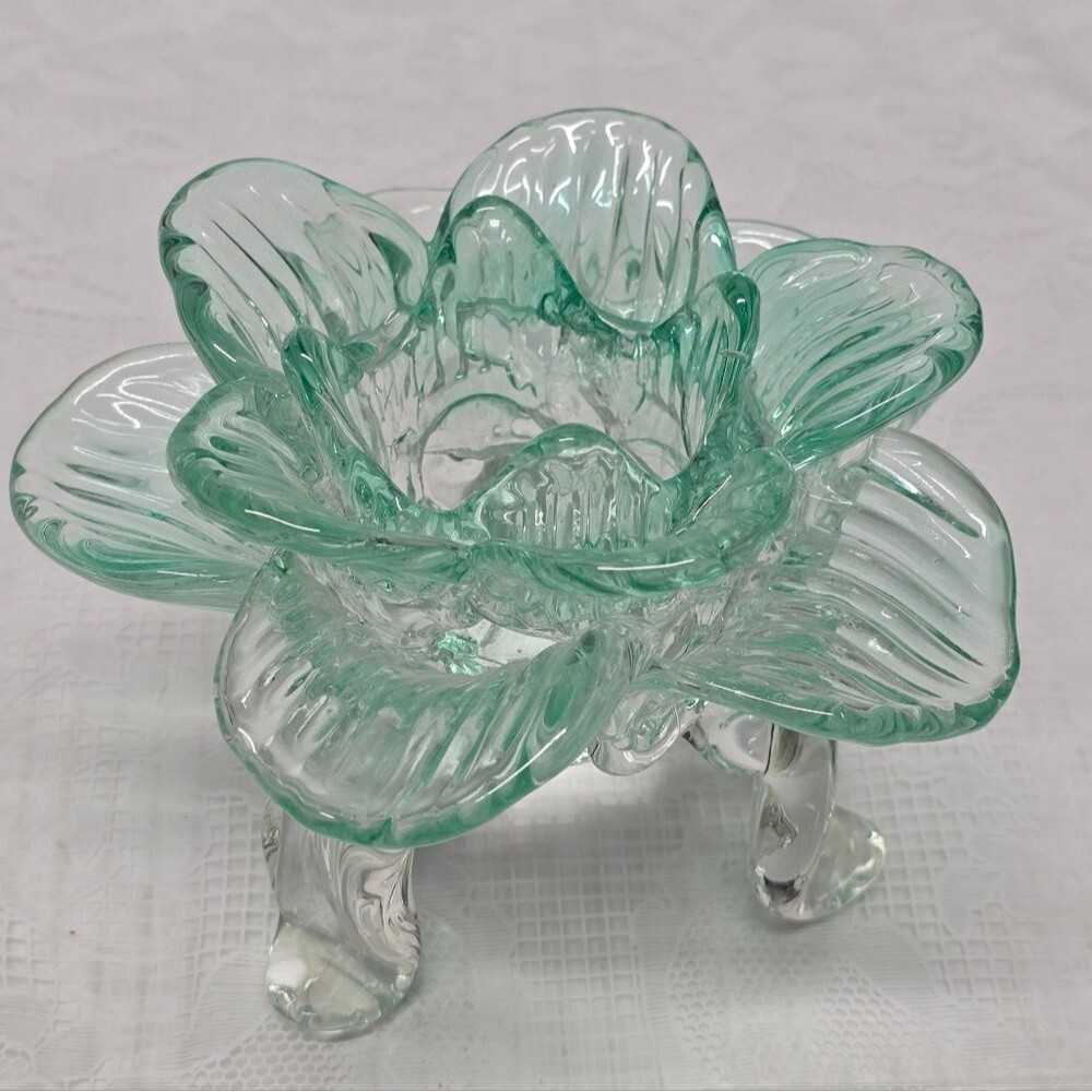 Vintage Teal Recycled Glass Footed Lotus Flower Candle Holder Art Deco Boho - Picture 6 of 11